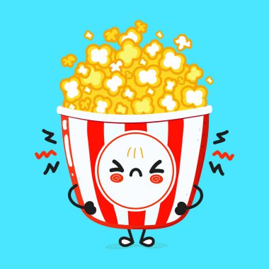 Cute sad popcorn character. Vector hand drawn cartoon kawaii character illustration icon. Isolated on blue background. Angry sad cute popcorn character concept