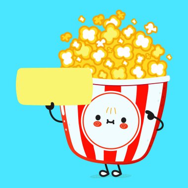 Popcorn poster character. Vector hand drawn cartoon kawaii character illustration. Isolated blue background. Popcorn and poster
