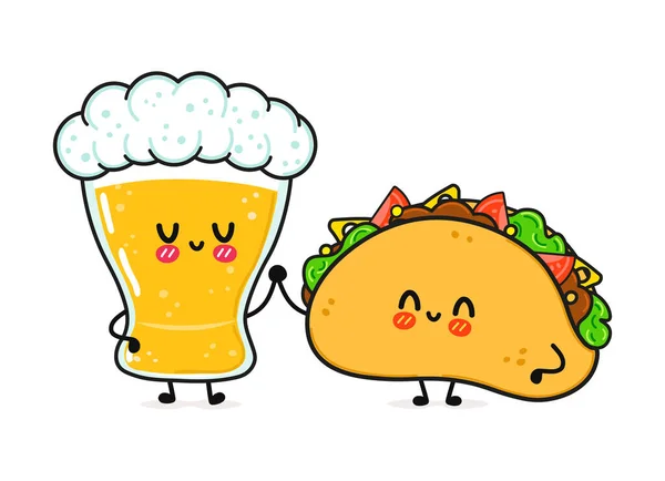 Niedlich Lustig Fröhlich Glas Bier Und Taco Vektor Handgezeichnete Kawaii — Stockvektor