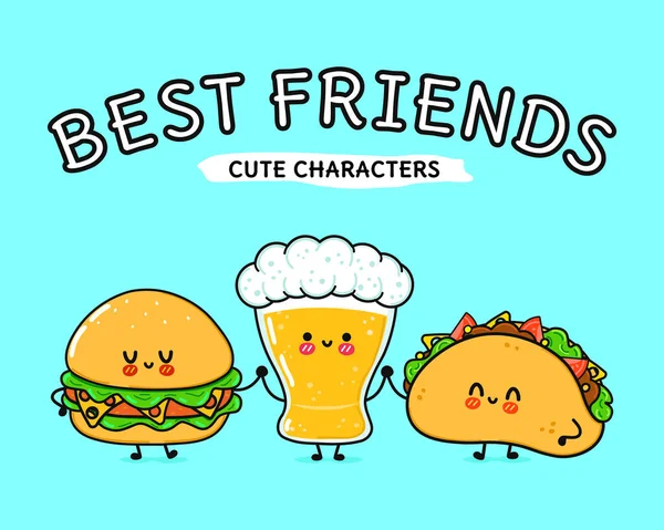 Cute Funny Happy Glass Beer Taco Hamburger Vector Hand Drawn — Archivo Imágenes Vectoriales