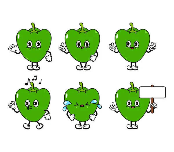 Vicces Aranyos Paprika Karakterek Csomag Készlet Vektor Kézzel Rajzolt Doodle — Stock Vector