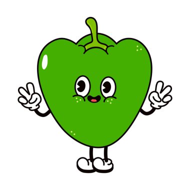 Sevimli kırmızı biber sallayan el karakteri. Vektör el geleneksel çizgi film klasiği, retro, kawaii karakter çizimi ikonu çizdi. Beyaz arka planda izole edilmiş. Biber karakteri.