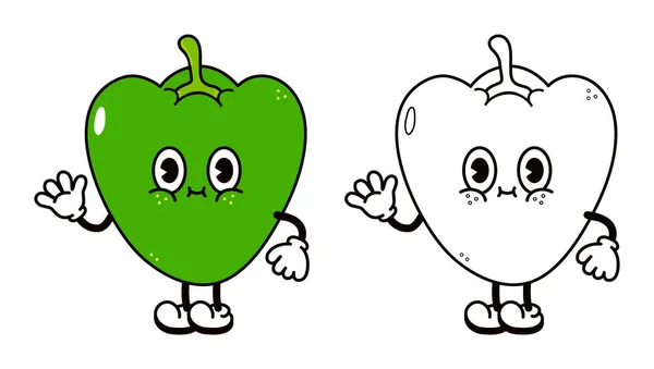 Cute Funny Pepper Waving Hand Character Outline Cartoon Illustration Coloring — Vetor de Stock