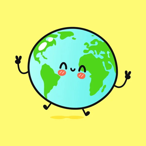 Cute Funny Jumping Planet Earth Vector Hand Drawn Cartoon Kawaii — Stock vektor