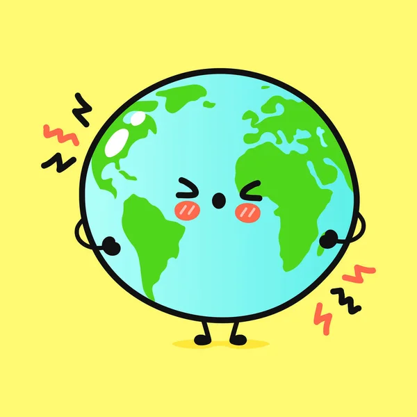 Cute Angry Planet Earth Character Vector Hand Drawn Cartoon Kawaii — Vector de stock