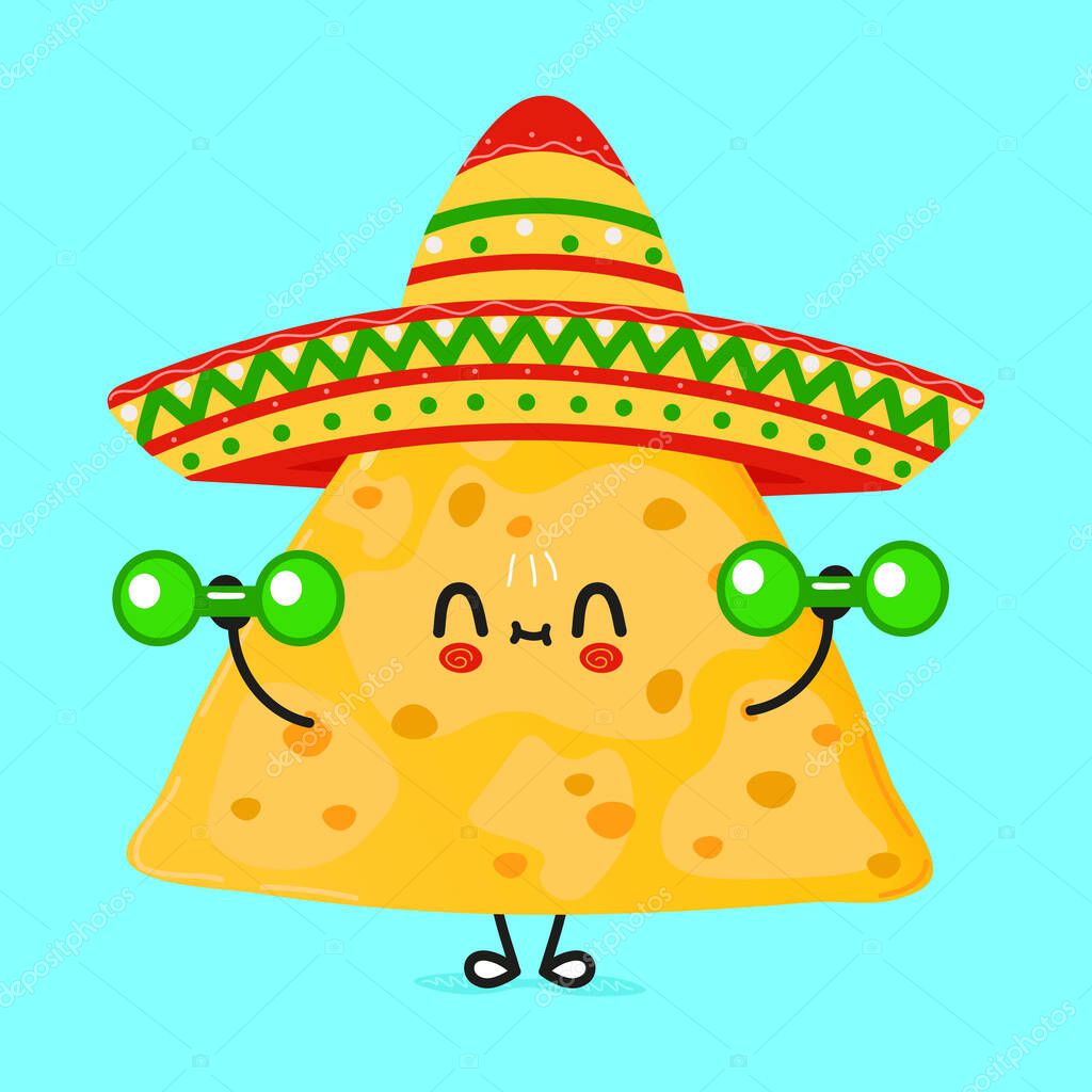 Cute funny nachos character with dumbbells. Vector hand drawn cartoon kawaii character illustration icon. Isolated on blue background. Happy nachos character gym concept