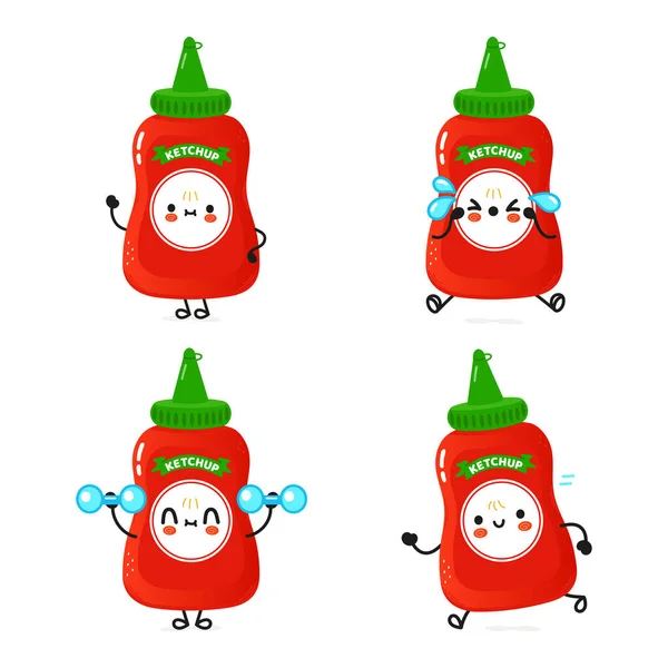 Funny Cute Happy Ketchup Characters Bundle Set Vector Hand Drawn — 스톡 벡터