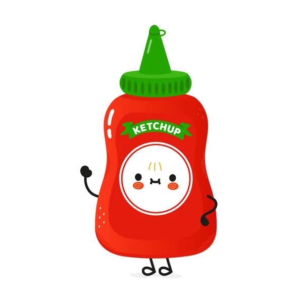 Cute Funny Ketchup Waving Hand Character Vector Hand Drawn Cartoon — Archivo Imágenes Vectoriales