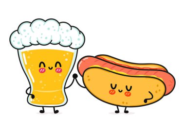 Sevimli, neşeli bir bardak bira ve sosisli sandviç. Vektör el çizimi çizgi film kawaii karakterleri, illüstrasyon simgesi. Komik bir bardak bira ve sosisli maskot arkadaş konsepti.