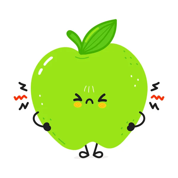 Cute Angry Green Apple Character Vector Hand Drawn Cartoon Kawaii — Vetor de Stock