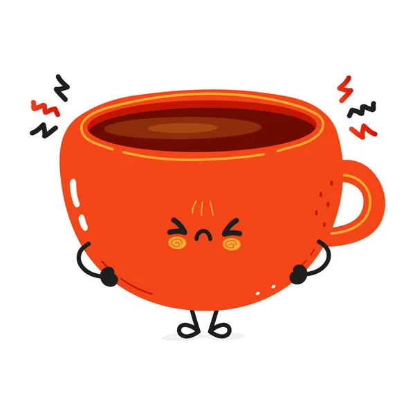 Cute Angry Cup Coffee Character Vector Hand Drawn Cartoon Kawaii — Stockvector