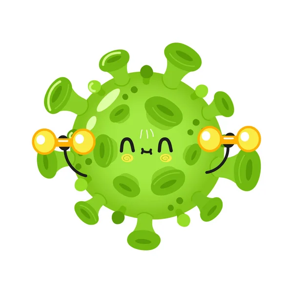 Cute Funny Virus Character Dumbbells Vector Hand Drawn Cartoon Kawaii — Stock Vector