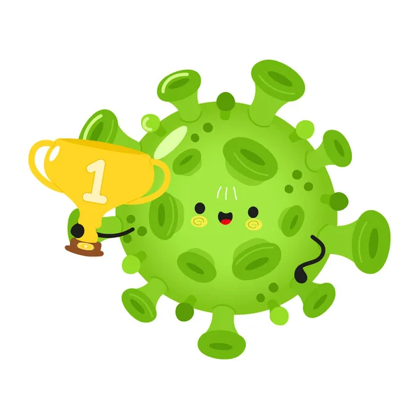 Cute Funny Virus Hold Gold Trophy Cup Vector Hand Drawn — Stock vektor
