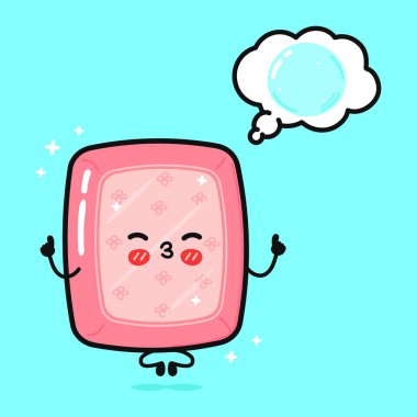 Cute funny soap with speech bubble. Vector hand drawn cartoon kawaii character illustration icon. Isolated on blue background. Happy soap character concept