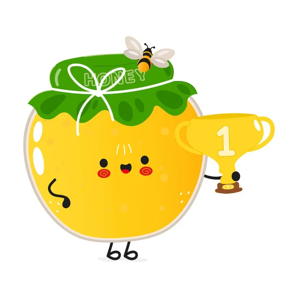 Cute funny jar of honey hold gold trophy cup. Vector hand drawn cartoon kawaii character illustration icon. Isolated on white background. Happy jar of honey with winner trophy cup