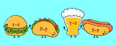 Cute, funny happy glass of beer, hot dog and hamburger . Vector hand drawn cartoon kawaii characters, illustration icon. Funny happy cartoon glass of beer, hot dog, hamburger, taco mascot friends