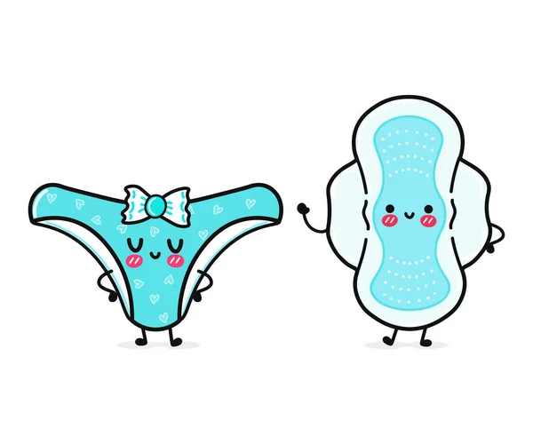 Cute Funny Happy Blue Panties Menstrual Pad Vector Hand Drawn — Vetor de Stock