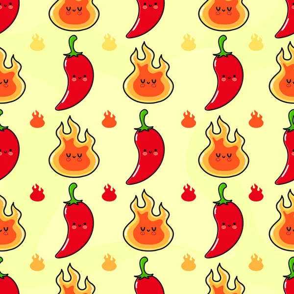 Cute Funny Fire Chili Pepper Blue Pattern Vector Hand Drawn — Vetor de Stock