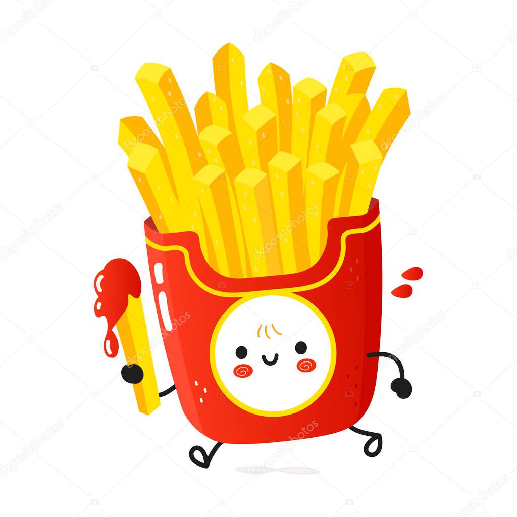 Cute funny running french fries. Vector hand drawn cartoon kawaii character illustration icon. Isolated on white background. Run happy french fries concept