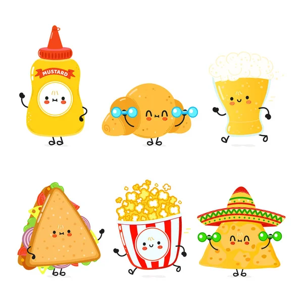 Funny Happy Fast Food Characters Set Vector Hand Drawn Cartoon — Vetor de Stock