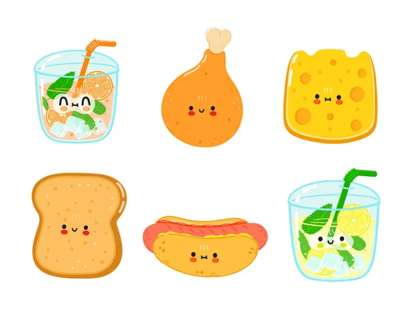 Funny Happy Fast Food Characters Set Vector Hand Drawn Cartoon — ストックベクタ