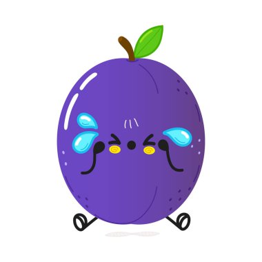 Cute sad plum character. Vector hand drawn cartoon kawaii character illustration icon. Isolated on white background. Sad cute plum character concept