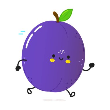 Cute funny running plum. Vector hand drawn cartoon kawaii character illustration icon. Isolated on white background. Run happy plum concept