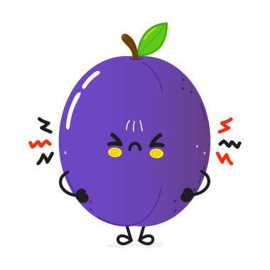 Cute sad plum character. Vector hand drawn cartoon kawaii character illustration icon. Isolated on white background. Angry sad cute plum