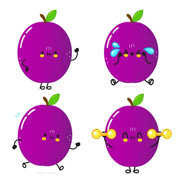 Funny Cute Happy Plum Characters Bundle Set Vector Hand Drawn — Vetor de Stock