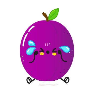 Cute sad plum character. Vector hand drawn cartoon kawaii character illustration icon. Isolated on white background. Sad cute plum character concept