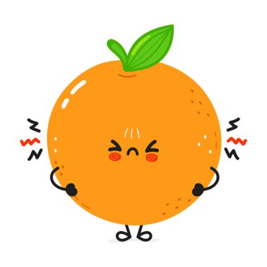 Cute angry orange fruit character. Vector hand drawn cartoon kawaii character illustration icon. Isolated on white background. Sad orange fruit character concept