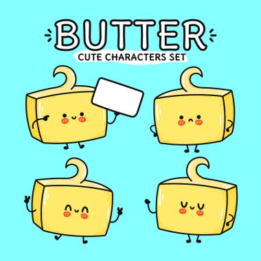 Funny cute happy butter characters bundle set. Vector hand drawn doodle style cartoon character illustration icon design. Isolated blue background. Cute butter mascot character collection