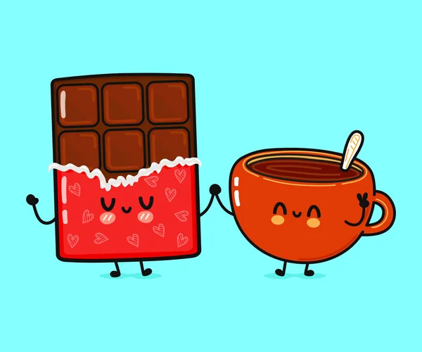 Cute Funny Happy Cup Coffee Chocolate Character Vector Hand Drawn — Stockvector