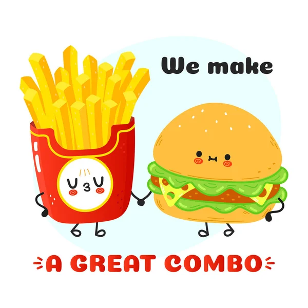 Cute Happy Hamburger French Fries Card Vector Hand Drawn Doodle — ストックベクタ