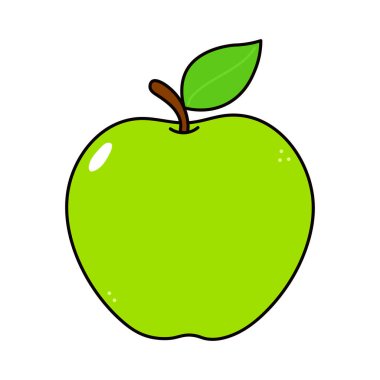 Cute funny green apple icon character. Vector hand drawn traditional cartoon vintage, retro, kawaii character illustration icon. Isolated on white background. Green apple character concept