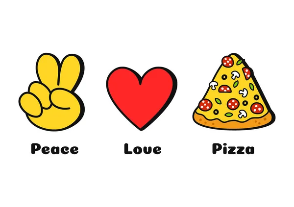 Peace Love Pizza Concept Print Shirt Vector Cartoon Doodle Line — стоковый вектор