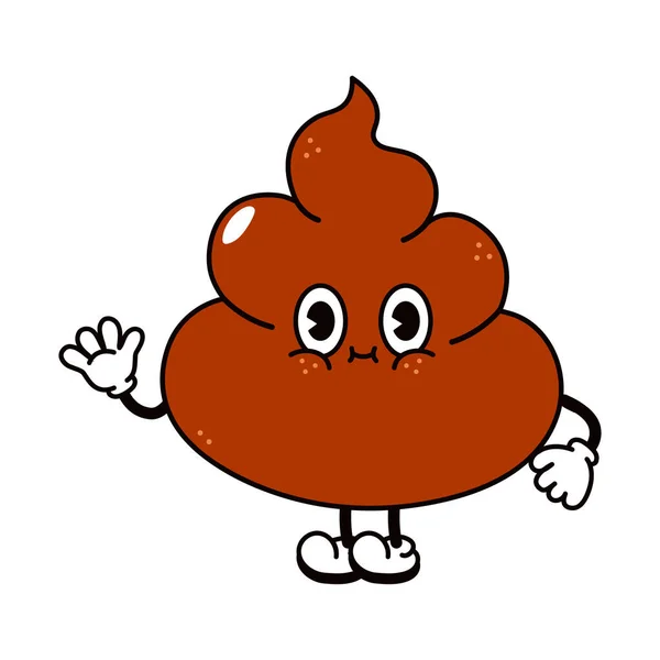 Cute Funny Poop Waving Hand Character Vector Hand Drawn Traditional —  Vetores de Stock