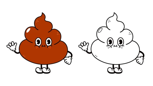 Nette Lustige Poop Winkende Hand Charakter Umreißen Cartoon Illustration Für — Stockvektor