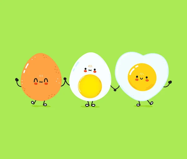 可爱的煮鸡蛋和煎蛋卡 矢量手绘涂鸦风格卡通人物插图设计 煮鸡蛋和煎鸡蛋快乐朋友概念卡 — 图库矢量图片