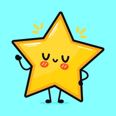 Sevimli komik yıldız el sallıyor. Vektör el çizimi çizgi film kawaii karakter çizimi simgesi. Mavi arka planda izole edilmiş. Yıldız karakter kavramı