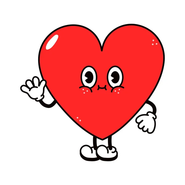 かわいい面白い心手の文字を振って ベクターハンドは 伝統的な漫画のヴィンテージ レトロ カワイイキャラクターイラストのアイコンを描いた 白い背景に隔離されている ハートキャラクターコンセプト — ストックベクタ