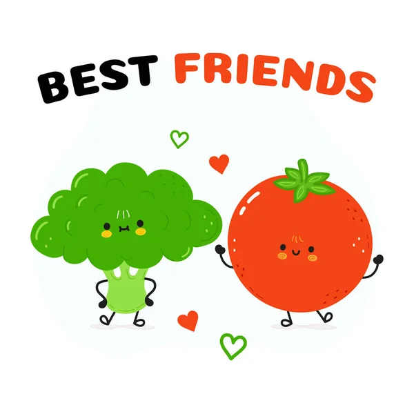 Broccoli Och Tomatkort Vector Handritade Doodle Stil Tecknad Karaktär Illustration — Stock vektor