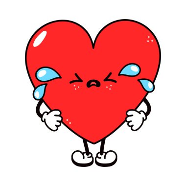 Sevimli, ağlayan, üzgün kalp karakteri. Vektör el geleneksel çizgi film klasiği, retro, kawaii karakter çizimi ikonu çizdi. Beyaz arka planda izole edilmiş. Ağla kalp karakteri konsepti