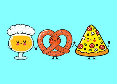 Şirin, neşeli bir bardak bira, pizza ve kraker. Vektör el çizimi çizgi film kawaii karakterleri, illüstrasyon simgesi. Komik bir bardak bira, pizza ve kraker maskot arkadaş konsepti.