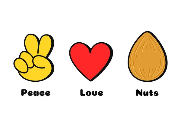 Peace Love Nuts Concept Print Shirt Vector Cartoon Doodle Line — Stockový vektor