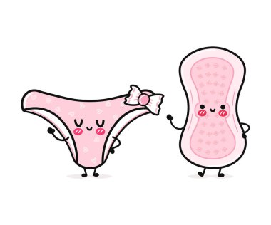 Sevimli, neşeli pembe külot ve adet pedi. Vektör el çizimi çizgi film kawaii karakterleri, illüstrasyon simgesi. Komik mutlu çizgi film pembe külot ve regl yastığı maskotu arkadaş konsepti.