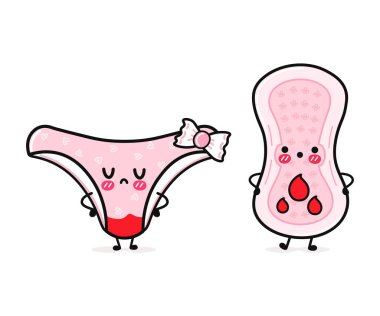 Sevimli, neşeli pembe külot ve kanlı adet pedi. Vektör el çizimi çizgi film kawaii karakterleri, illüstrasyon simgesi. Komik mutlu çizgi film pembe külot ve regl yastığı maskotu arkadaş konsepti.