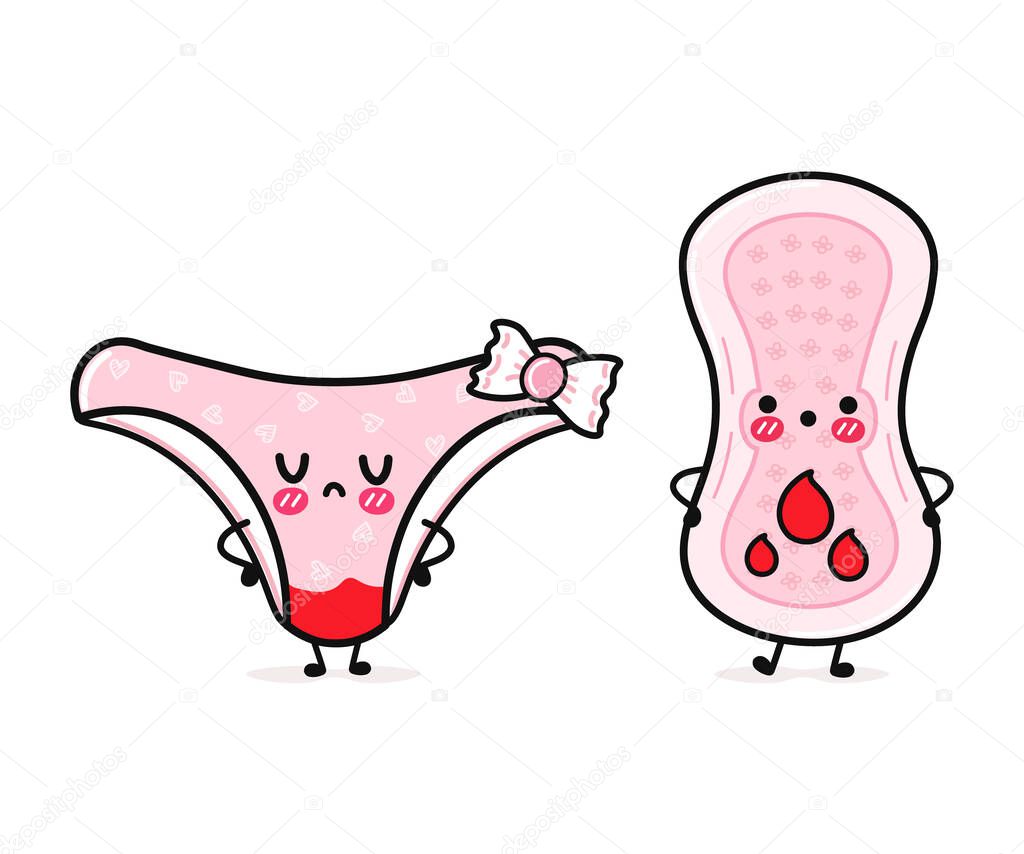 Cute, funny happy pink panties and menstrual pad with blood. Vector hand drawn cartoon kawaii characters, illustration icon. Funny happy cartoon pink panties and menstrual pad mascot friends concept