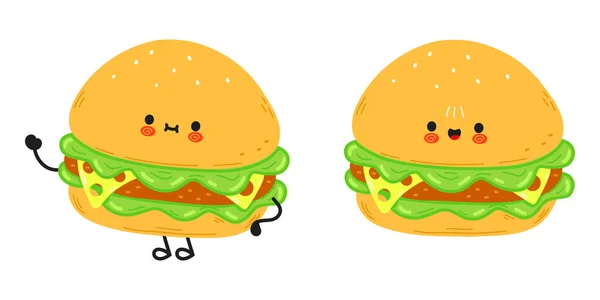 Cute Funny Hamburger Character Vector Hand Drawn Cartoon Kawaii Character — Vettoriale Stock