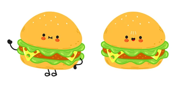 Lindo Personaje Divertido Hamburguesa Vector Dibujado Mano Caricatura Kawaii Carácter — Archivo Imágenes Vectoriales